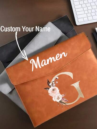 1pc Customized Name & Initial PU Leather Document Bag - Waterproof Magnetic A4 File Folder, Large Capacity Office & School File Organizer, Personalized Birthday Or Christmas Gift, Office Storage