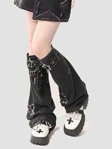 polve 1 Pair Y2K Style Star Wash & Distressed Ribbed Knit Leg Warmers With Straps, Slim-Fitting Flare Leg, Black & Grey, Vintage Subculture - 黑色 - 查看 7