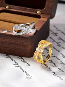 1Pc Luxury Gold Cubic Zirconia Twisted Cross Decorative Ring,Open Adjustable Women's Rings,Summer Fashion Accessories,Suitable For Daily,Wedding,Festivals,Party Wear,Elegant Jewelry Gift,Valentine's Day Gift.