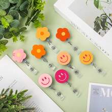 8Pcs Groovy Flower Smile Face Badge Reel With Clips Retractable Cord Orange Pink ID Badge Reel Boho Name Tag Badge Holder For Office Hospital Teachers Favor - 西瓜粉 - 查看 7