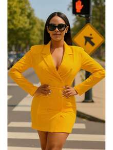 ICONIC BLAZER DRESS  Plain    Elegant    Double Button  Pocket  Button Front    Vacation - Yellow - View 2