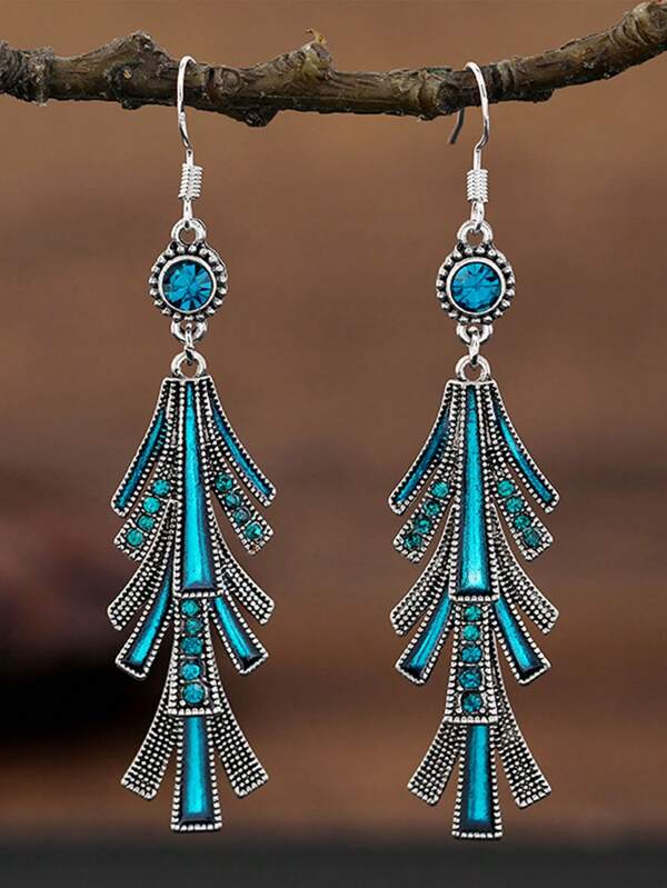 Vintage Palace Style Geometric Tassel Earrings, Blue Rhinestone Decor Long Dangle Earrings, Chic Jewelry For Women