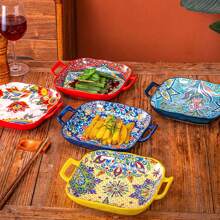 1pc Bohemian Style Ceramic Salad Plate With Dual Handles, Oven & Microwave Friendly Baking Dish For Pasta, Colorful Floral Design Tableware