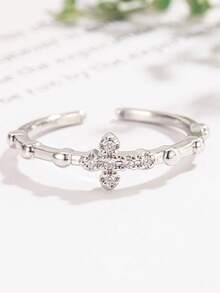 1pc Minimalist Style Luxury Niche Design Korean Unisex Micro-Inlaid Zirconia Cross Adjustable Open Ring - Silver - View 4