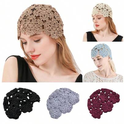 1 件女士春夏手工钩针镂空花卉头帽，复古优雅透气轻质针织帽，手工针织头巾，百搭日式时尚便帽