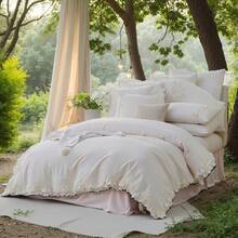 Pink Cotton Ruffled Duvet Cover Set Queen, Vintage Shabby Chic Farmhouse Bedding Set Coquette Aesthetic French Country Comforter Cover - trắng - Xem 6