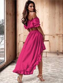 Conjunto Campesino de Crop Top con Hombros Descubiertos y Falda Asimetrica Holgada para Mujer - Rosa Fucsia - Ver 2