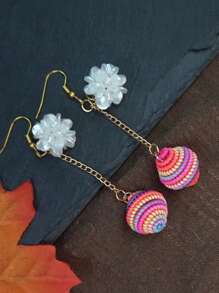 Handmade Long Tassel Rainbow Ball Floral Drop Earrings, Boho Vacation Style Vintage Elements, Suitable For Daily Life, Work, Stage, Street Photography, Women