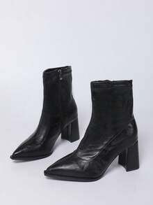 Botas de cuero versátiles con diseño de puntera puntiaguda, tacón grueso y cremallera lateral de moda para mujer. Forradas térmicamente, adecuadas para ir al trabajo, vestimenta formal y múltiples ocasiones, otoño/invierno, elegantes - Negro - Ver 7
