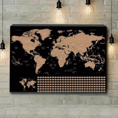 [2D Flat] 1 szt. bezramkowy plakat z mapą świata do zdrapywania, śledzenie podróży – żywe, płócienne plakaty ścienne w wyrazistych kolorach czarnym i pomarańczowym, wystrój domu, wystrój pokoju, idealny prezent dla poszukiwaczy przygód, mapa świata na ścianę