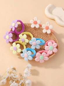 10 件装纯色花朵图案尼龙弹性发带，适合儿童，儿童头饰，情人节爱心款（颜色随机）