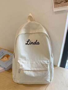 1 件定制姓名印花灯芯绒背包 - 大号轻便耐用涤纶背包，拉链开合，时尚纯黑色，适合户外、旅行、工作和日常使用