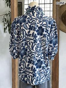 Whisplicity Women's Bohemian Style V-Neck Casual Vacation Floral Print Ruffle Hem Blouse, Spring/Summer - Blue - View 4