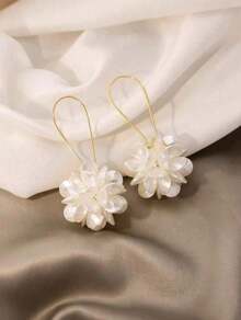 1pair Exaggerated Design Long Floral Ball Earrings With White Petals & Geometric Ear Studs, Ideal For Women's Daily Wear