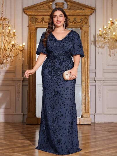 hezixi Plus Size Women High-Quality Stretch Sequin Bodycon V-Neck Lantern Sleeve Elegant Formal Gown Dress, Suitable For Party, Gala, Evening Wear, Mother Of The Bride Dress (Heavy Work)