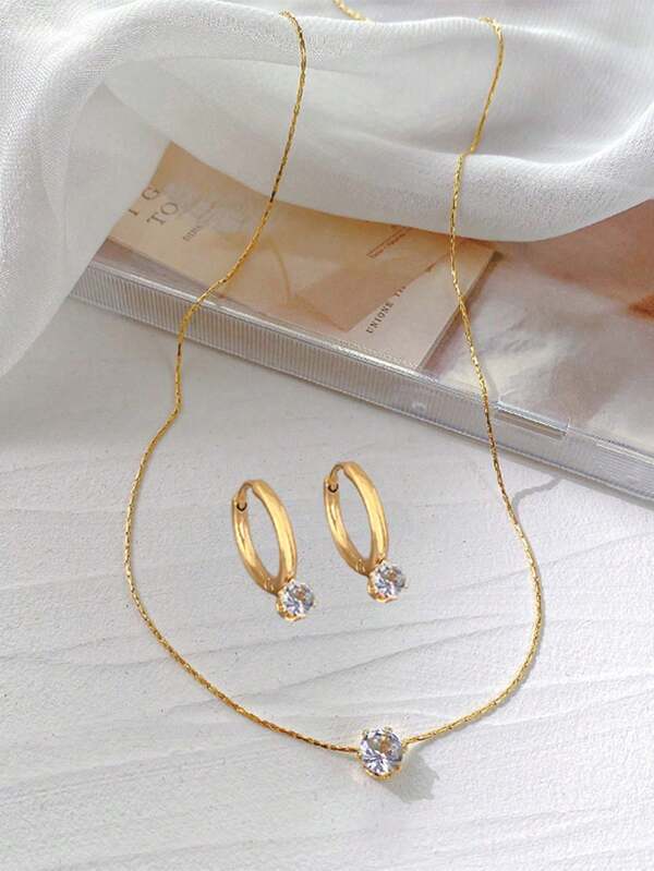 Stainless Steel Waterproof Anti-Fading Fashion Simple Single Cubic Zirconia Necklace And Earrings Set, Suitable For Women's Daily Wear