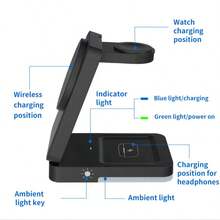 3-In-1 Fast Charging Station, 15W Multi-Function Wireless Charging Stand Compatible With Apple Devices, With Night Light Function - Black - View 6