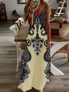 Đầm dài mùa hè in họa tiết cổ chữ V có dây đeo cho nữ phong cách cổ điển - Màu Mù tạt vàng - Xem 1