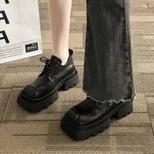 British Style Large Head Small Leather Shoes Women's Spring New Model Square Head Retro College Style Inner Height Thick Sole Knotted Belt Women's Shoes Square Head Thick Sole Loafer Shoes Comfortable Thick Convex Sole Short Shoes Knotted Belt Black Gothic Shoes - 黑色 - 查看 1