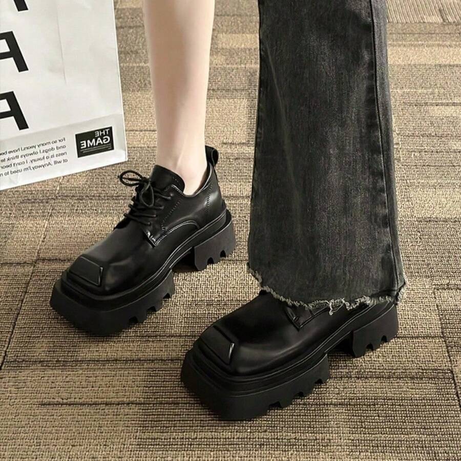 British Style Large Head Small Leather Shoes Women's Spring New Model Square Head Retro College Style Inner Height Thick Sole Knotted Belt Women's Shoes Square Head Thick Sole Loafer Shoes Comfortable Thick Convex Sole Short Shoes Knotted Belt Black Gothic Shoes - 黑色 - 查看 1