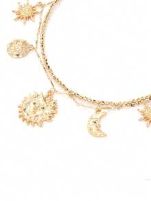 ZAA 太阳月亮吊坠项链 轻奢风雕花太阳月亮吊坠项链 欧美多层层叠复古星星领口项链 双层层叠链条女款项链 - 金色 - 查看 4