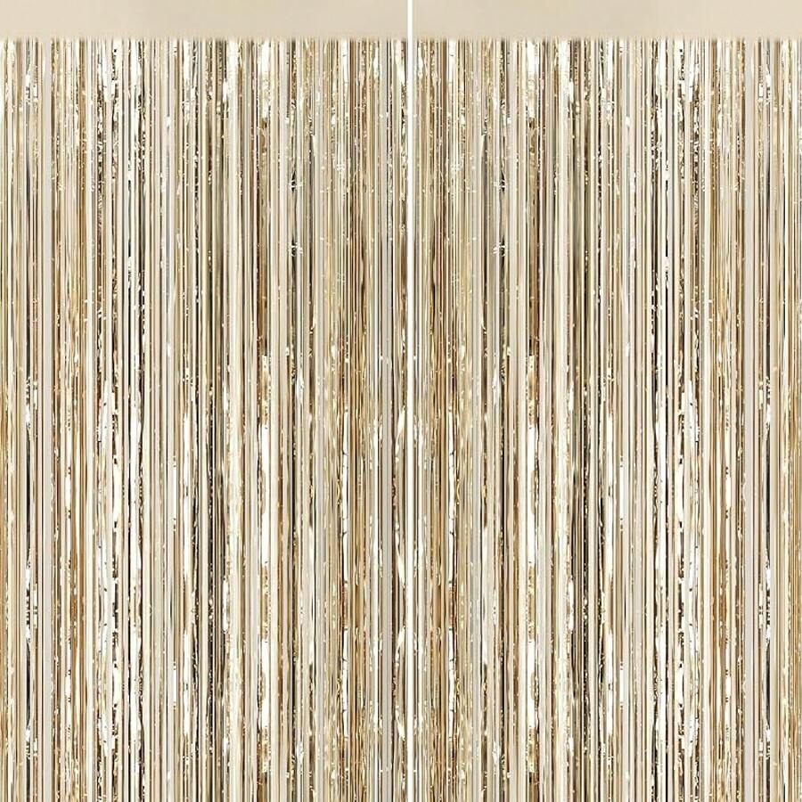2Pack Silver Metallic Tinsel Foil Fringe Curtains, Door Streamer Photo Booth Backdrop Birthday Wedding, Graduation Engagement Bridal Shower Bachelorette Party Decorations Dancing Ball Party - 香檳金 - 查看 1