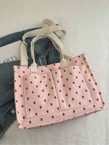 Sac en toile imprimé fraise, style décontracté et à la mode, léger, avec plusieurs poches, grande capacité et bandoulière réglable. Convient aux filles, aux femmes, au shopping, au travail, à l'hôpital, aux sorties et aux centres commerciaux. Grand sac d'école à compartiments multiples, idéal pour la plage, l'école, le travail et le quotidien. - Rose bonbon - Voir 2