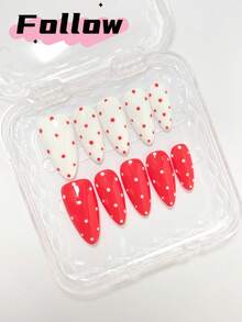 10片手工杏仁形极简美甲贴纸，波点美甲风格，红白配色，甜美可爱中带一丝酷感，优雅气质，奢华极简之美。美甲用品，按压式美甲贴纸。 - 彩色 - 查看 3