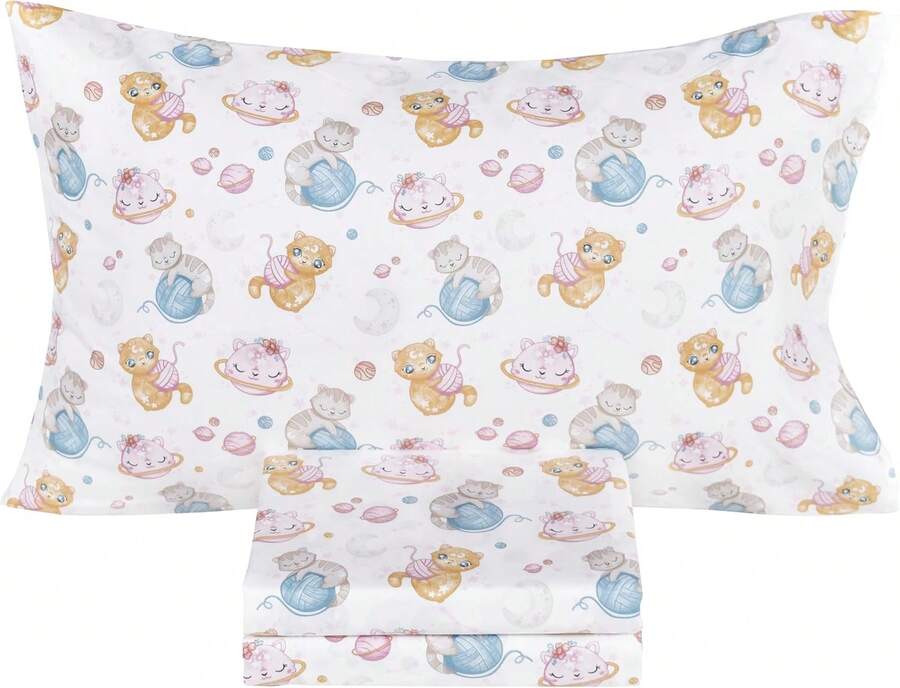 Space Cats Planet Kitty Cute Fun 100% Cotton Cozy Twin Bed Sheet Set, Flat Sheet & Fitted Sheet & Pillowcase Natural Bedding Set (Planet Cat, Twin) - Grey - View 1