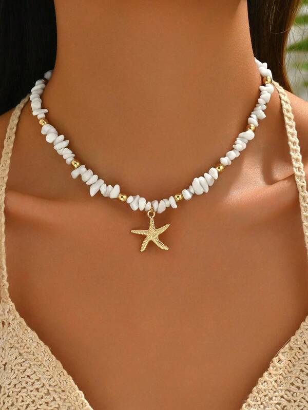 1pc Turquoise Beaded Necklace, Fashionable Metallic Starfish Pendant, Suitable For Women Everyday And Vacation Wear