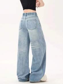 Teen Girl Light Blue Straight Leg Jeans, Retro Loose Wide Leg Pants, American Casual Style - Blue - View 6
