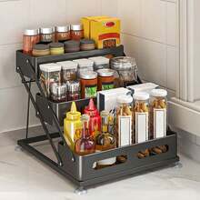 Étagère à épices sur pied à 3 niveaux, sans perçage, hauteur réglable, organiseur d'épices pour armoire de cuisine - Noir - Voir 3