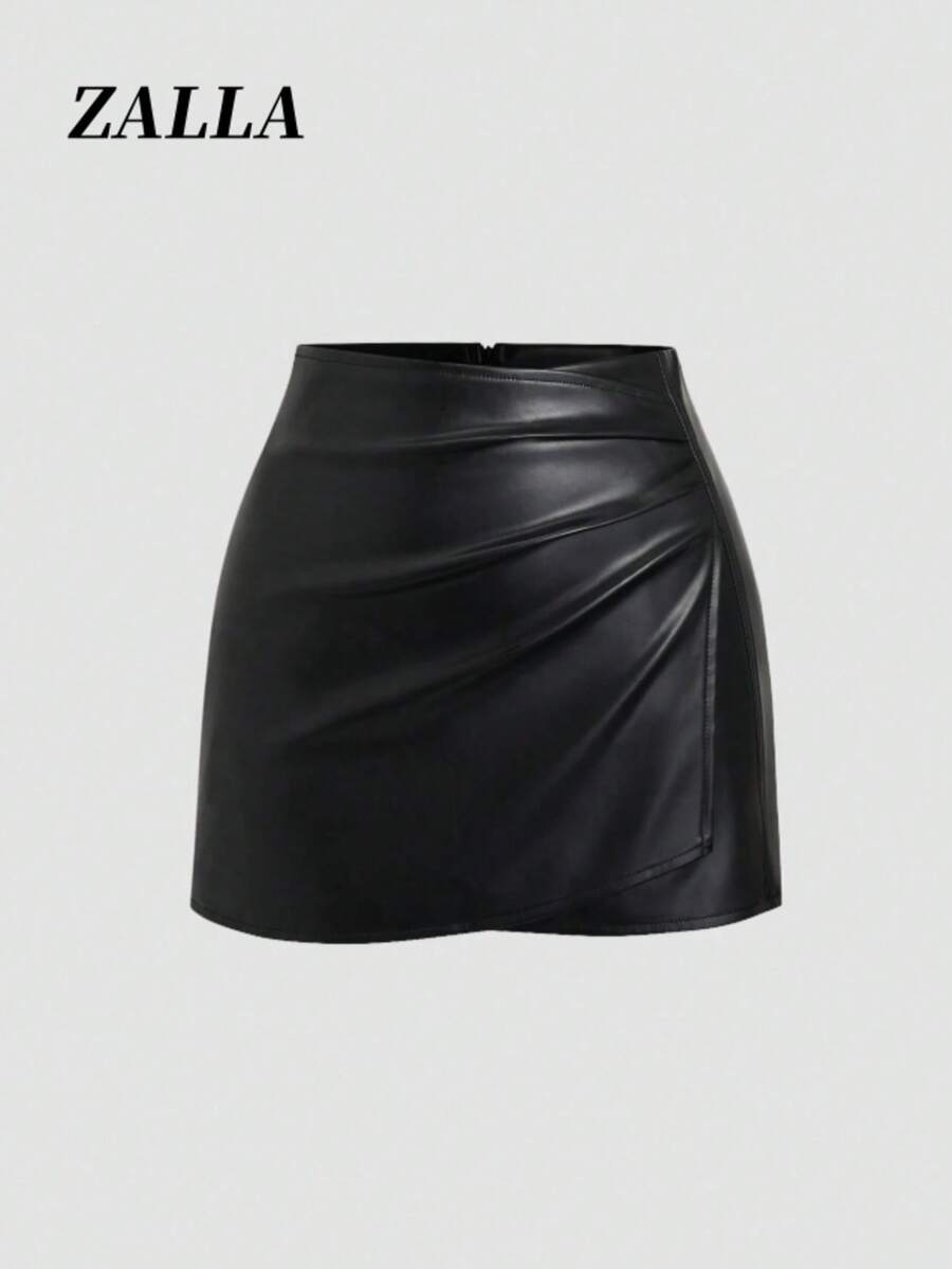 Zalla Faux Leather Skirt – Mini Skirt With Front Draping | Sexy & Stylish For Winter - màu đen - Xem 1