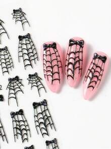 2 件浮雕黑色蜘蛛网蝴蝶结万圣节美甲贴纸可爱哥特式华丽蜘蛛网丝带指甲滑块美甲用品装饰 - 彩色 - 查看 5