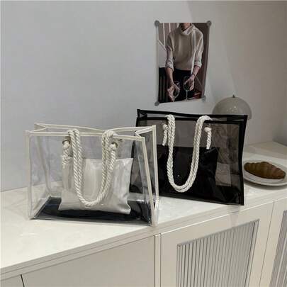 2 Pieces Transparent Shoulder Tote Bag Set, Large Capacity Women's Bag For Spring/Summer 2025, Patchwork PVC Transparent Tote Bag, Beach Bag, Toiletry Bag, Waterproof, Versatile Commuter Tote