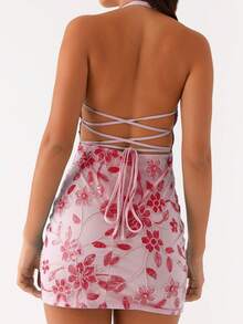 Womens Sequin Floral Beaded Mini Dress Sparkly Rhinestone Sleeveless Backless Bodycon Glitter Party Club Short Dress Women Sparkly Sequin Mini Halter Dress Sleeveless Backless Glitter Rhinestone Beaded Short Mini Dress Party Clubwear - 粉色 - 查看 6