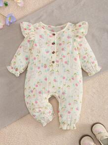 MommBaby Mono de manga larga con estampado floral y de conejo en capas para bebé niña, con botones, abierto por delante y en la entrepierna, lindo conjunto de primavera/otoño