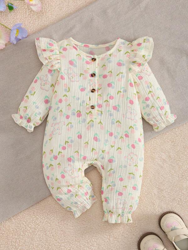MommBaby Pijama de bebé niña de manga larga de algodón con estampado floral y de conejo, con diseño de múltiples capas, abotonado y abertura delantera, un conjunto adorable para primavera/otoño