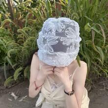 1件时尚亮片花褶绒帽，夏季薄款透气网纱抽绳帽，复古风，适合女士外出旅行 - A - 查看 2