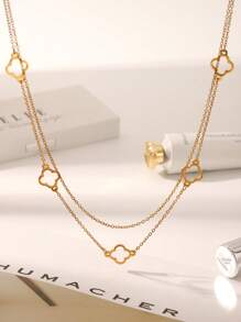 1pc, 18k Golden Plated, Stainless Steel Hollow Clover Double Necklace, Women's Classic Luxury Stainless Steel Jewelry, Wedding Graduation Gifts