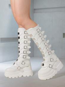 Gothic Knee High Boots For Women Round Toe Wedge Heel Zipper Y2K Punk Platform Booties Party Shoes Nightclub Riding Casual Summer Womens Combat Boot - 白色 - 查看 8