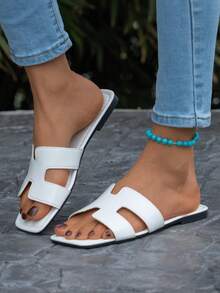 青少年纯色露趾平底凉鞋，设计简约，春夏新品，休闲春假复活节鞋 - 米色 - 查看 8