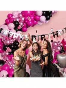 141 件粉色和黑色气球拱门套装，适用于生日、婚礼、毕业典礼、主题派对装饰