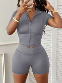 LovelyWholesale Women's Casual Stand Collar Short Sleeve Zipper Top And Shorts Yoga Set, Summer Fitness Outfit - Light Grey - View 1