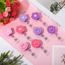8Pcs Flower Smile Face Badge Reel With Clip Retractable Cord Pink Purple Floral ID Badge Reel Hippie Name Tag Badge Holder For Office Nurse Teacher Favor - Màu tím - Xem 2