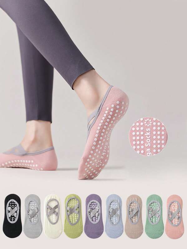 3/5/10 Pairs Women Colorful Non-Slip Indoor Sports Socks, Professional Pilates Beginner Fitness Yoga Socks, Ankle Socks For Spring, Summer, Autumn