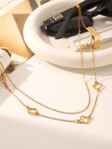 1pc, 18k Golden Plated, Stainless Steel Hollow Clover Double Necklace, Women's Classic Luxury Stainless Steel Jewelry, Wedding Graduation Gifts