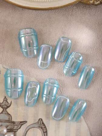 XEERCOOU 10 件海滩必备美甲工具短指甲夏季美甲可爱亚克力按压指甲蓝色猫眼黄色高级颜色重工业美甲工具短指甲指甲套装可爱指甲办公室日常佩戴假指甲人造指甲套装美甲用品包括 1 张粘合标签和 1 个迷你锉刀美甲 DIY