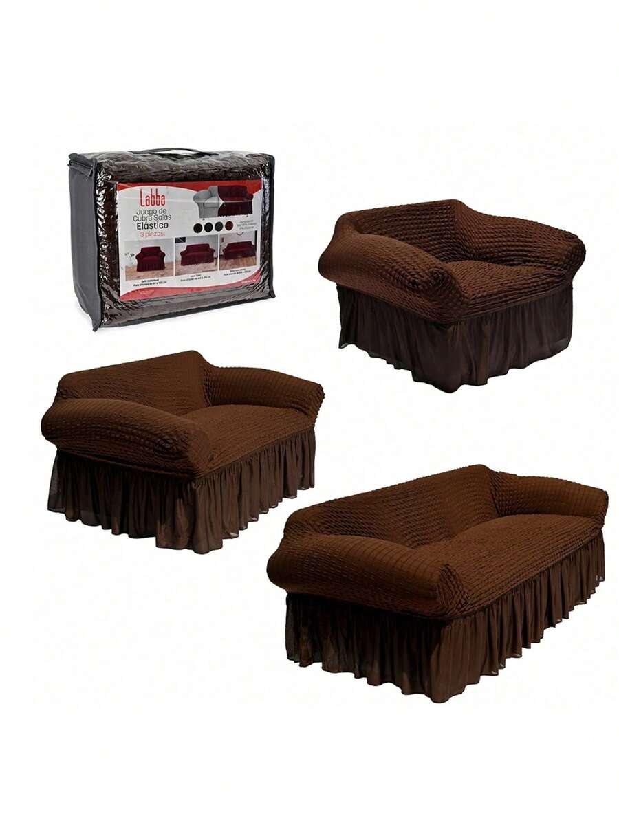 Protector Cubre Sala Stretch Fit Falda Bubble 3 Piezas - Marrón - Ver 1