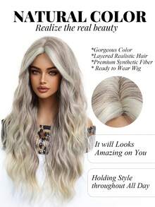 舒适高品质自然弯曲中段卷发挑染白金色 26 英寸女士假发合成编织化学纤维假发非常适合日常佩戴假日旅行派对角色扮演万圣节圣诞假发、万圣节圣诞礼物 - 挑染灰色 - 查看 3